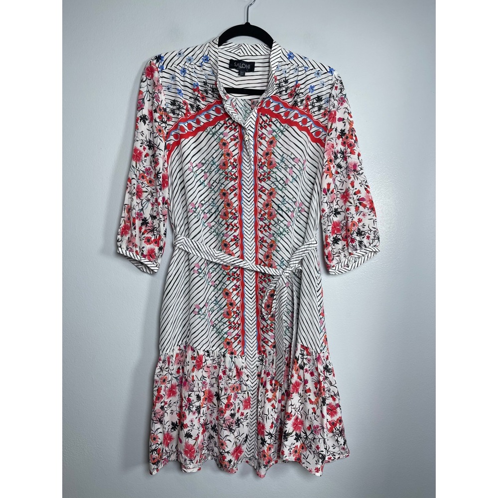 SALONI Floral Print Button Front Mini Dress Size 6 Designer Silk Party Ruffle